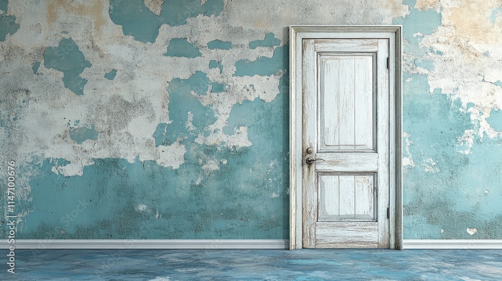 Door on Empty Old Wall with Cracked Plaster Background Door on Empty Old Wall with Cracked Plaster Background