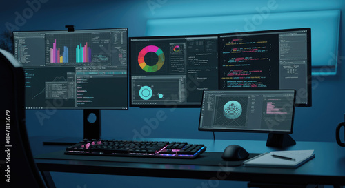 Modern desk with multiple monitors displaying colorful graphs, charts, and code in dark room