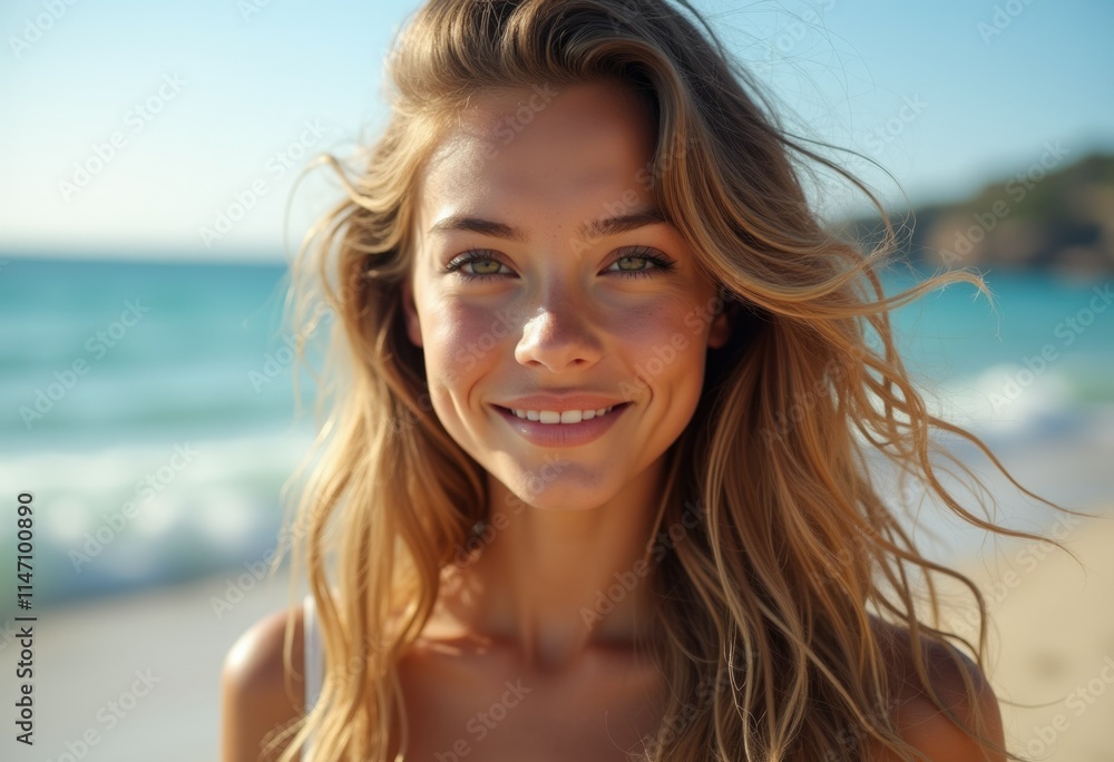 A young woman with long blonde hair smiles at the beach on a sunny day. A young woman with long blonde hair smiles at the beach on a sunny day.