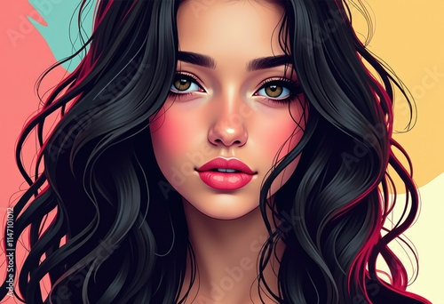 Wallpaper Mural A digital painting of a beautiful woman with long, wavy black hair and captivating brown eyes. Torontodigital.ca