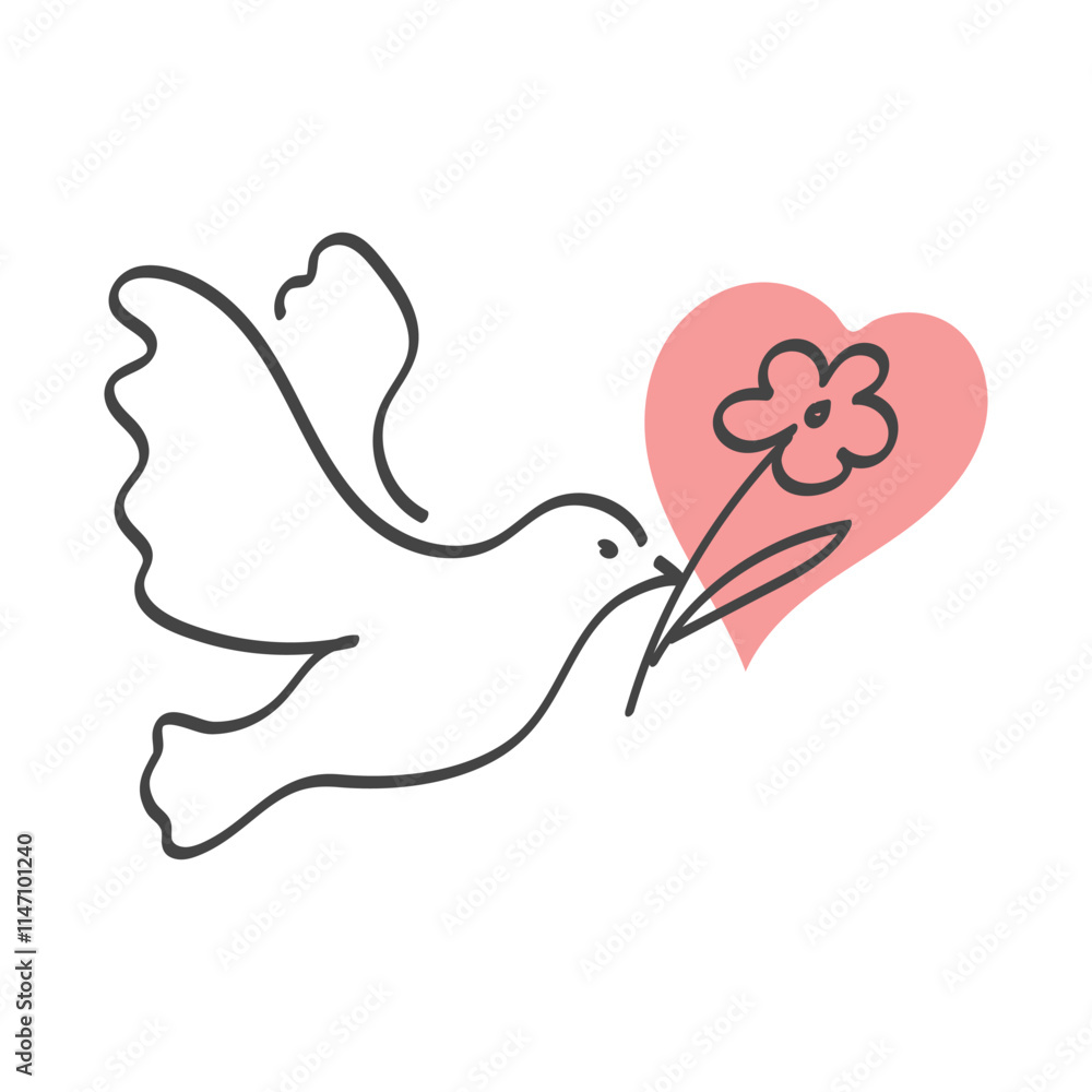 Dove bird holding flower icon. Symbol of Peace and Love. Pigeon sulhouette. Vector Dove bird holding flower icon. Symbol of Peace and Love. Pigeon sulhouette. Vector