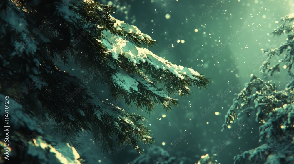 Fototapeta premium Snow covered evergreen branches in a winter forest scene