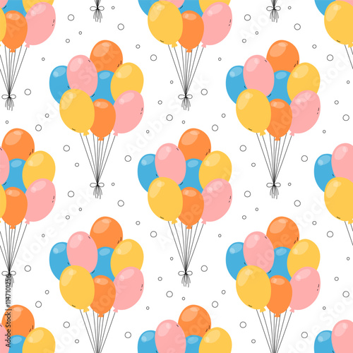 Balloons pattern. Cute vector seamless background with colorful flat illustrated balloons bunches. Birthday party, wedding or other celebration event decorative symbols