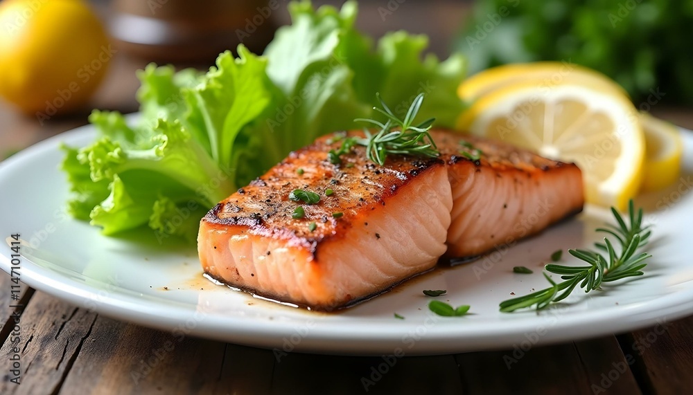 Fried salmon steak with lettuce and lemons served on white plate on wooden table Fried salmon steak with lettuce and lemons served on white plate on wooden table