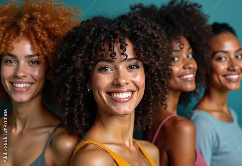 Fototapeta premium Four diverse women with beautiful smiles and curly hair, showcasing beauty and friendship.