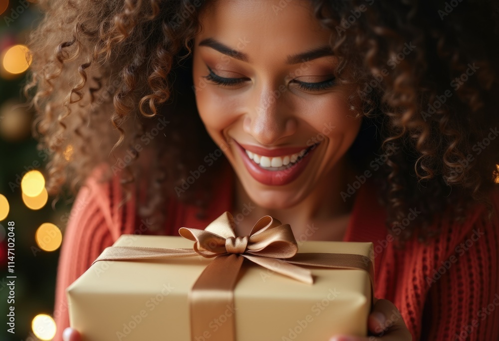 A joyful woman with curly hair opens a beautifully wrapped Christmas gift, beaming with happiness. A joyful woman with curly hair opens a beautifully wrapped Christmas gift, beaming with happiness.