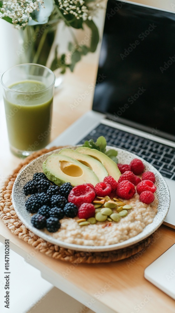 Oatmeal with berries and green smoothie, breakfast at the workplace, laptop in the background Oatmeal with berries and green smoothie, breakfast at the workplace, laptop in the background