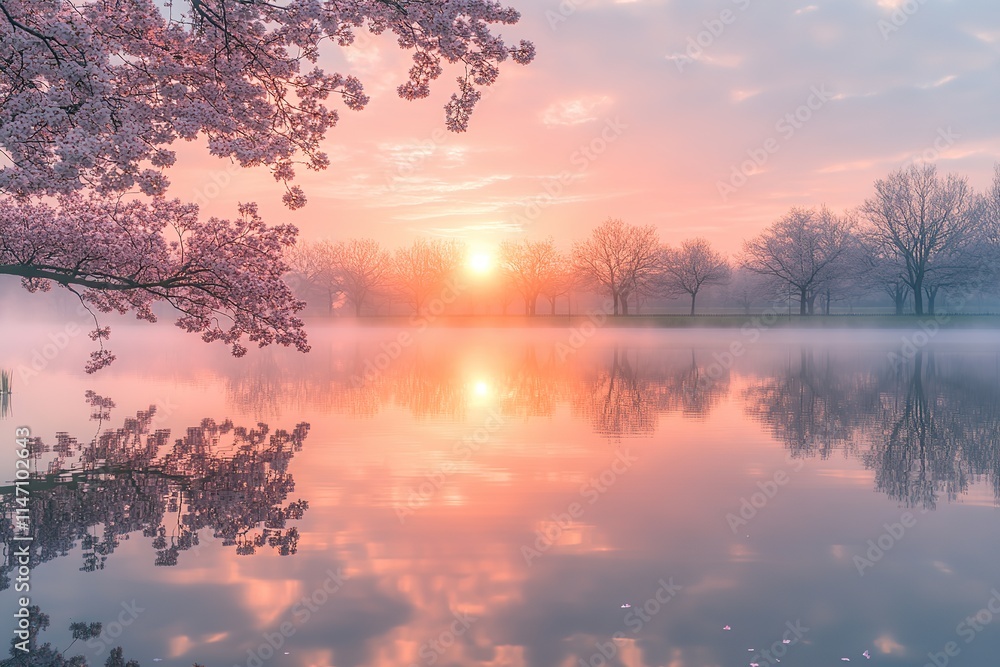 Soft pink blossoms frame serene lake as golden sunrise reflects Soft pink blossoms frame serene lake as golden sunrise reflects
