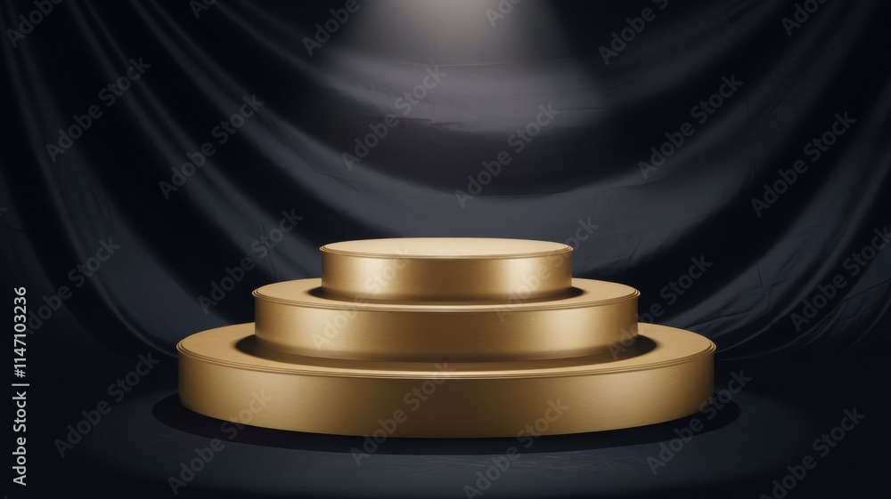 A luxurious gold podium with three ascending steps for product display , illuminated by a spotlight on a dark stage with a shadowy backdrop A luxurious gold podium with three ascending steps for product display , illuminated by a spotlight on a dark stage with a shadowy backdrop