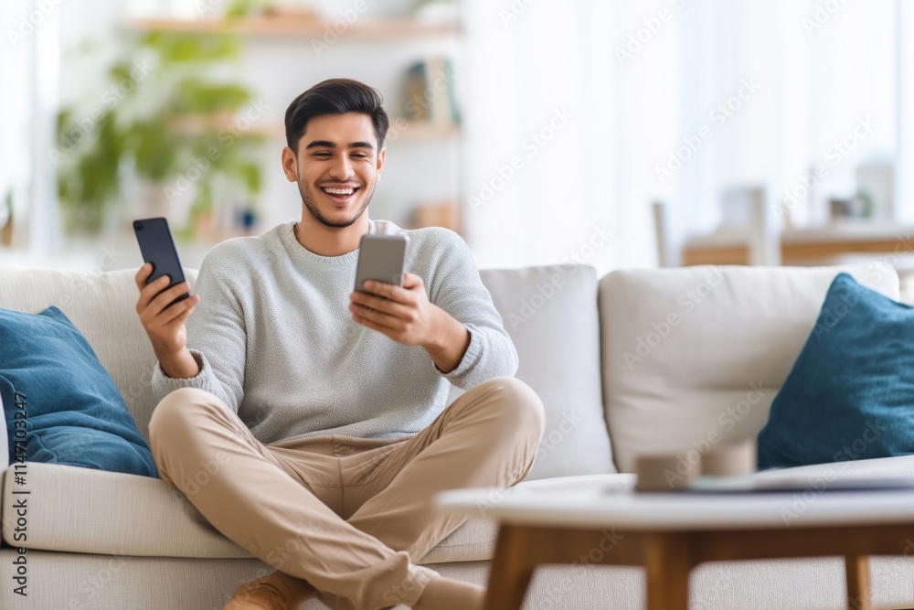 Man casually relaxing on a couch while scrolling through smartphones in a bright living room Man casually relaxing on a couch while scrolling through smartphones in a bright living room