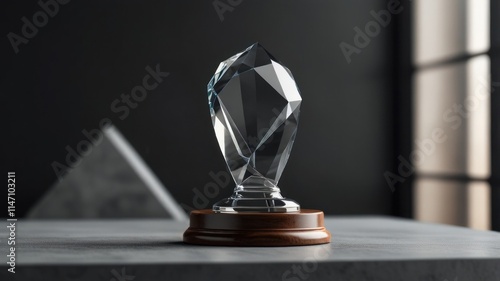 Crystal award on wooden base.