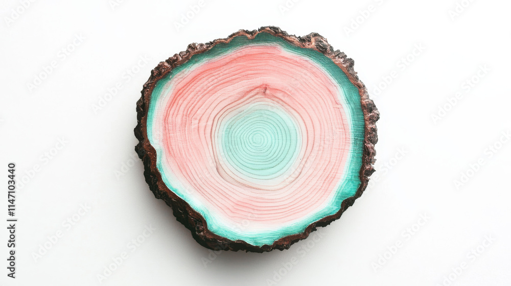 a bold artistic wooden tree slice, displaying soft pastel gradients of pink and mint green, intricate and clean natural grain texture, elevated sharpness with no distractions, isolated on a pure white a bold artistic wooden tree slice, displaying soft pastel gradients of pink and mint green, intricate and clean natural grain texture, elevated sharpness with no distractions, isolated on a pure white