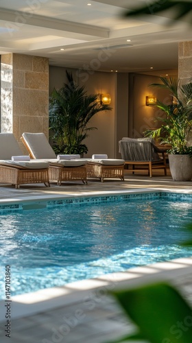 Relaxation area with indoor pool surrounded by plants and comfortable seating in a serene atmosphere near a