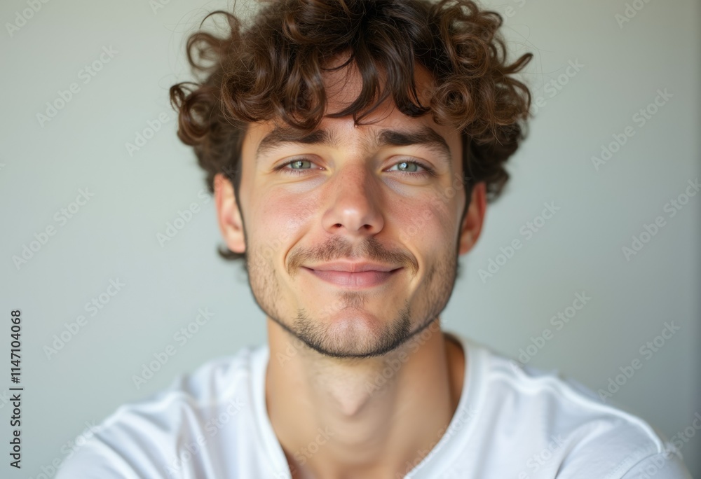 A young man with curly brown hair and green eyes smiles gently at the camera. A young man with curly brown hair and green eyes smiles gently at the camera.