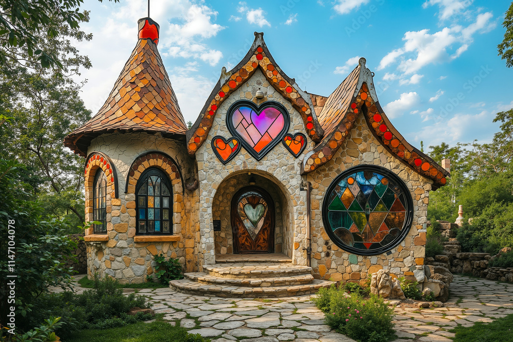 A small stone building with stained glass windows and a heart shaped door A small stone building with stained glass windows and a heart shaped door