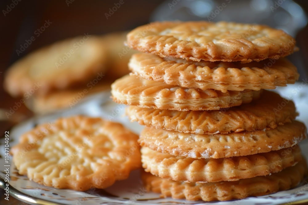Freshly baked golden brown butter cookies are stacked on a plate and ready to be enjoyed Freshly baked golden brown butter cookies are stacked on a plate and ready to be enjoyed
