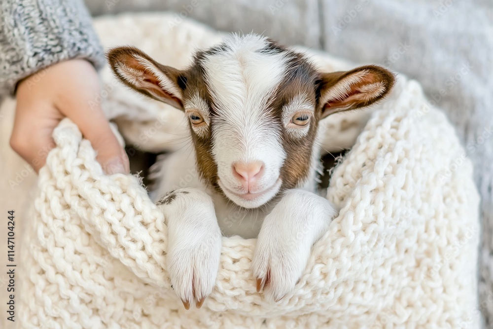 Veterinarian cares for sick baby goat in cozy barn setting with gentle hands and soft lighting Veterinarian cares for sick baby goat in cozy barn setting with gentle hands and soft lighting