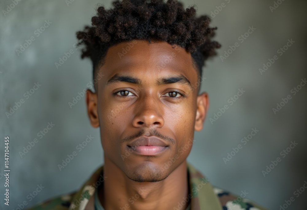 Fototapeta premium Close-up portrait of a young Black man with a serious expression, wearing camouflage.