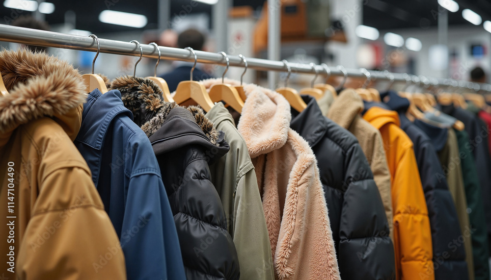 Fashionable winter jackets hanging on display in a clothing store Fashionable winter jackets hanging on display in a clothing store