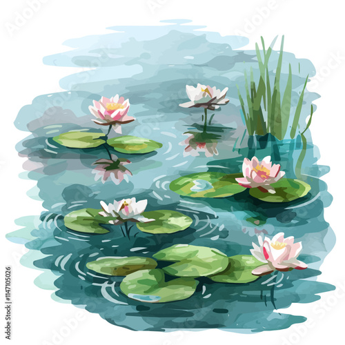 A watercolor painting of a peaceful pond with water lilies in summer, isolated on a white background. Water lilies summer pond vector.
