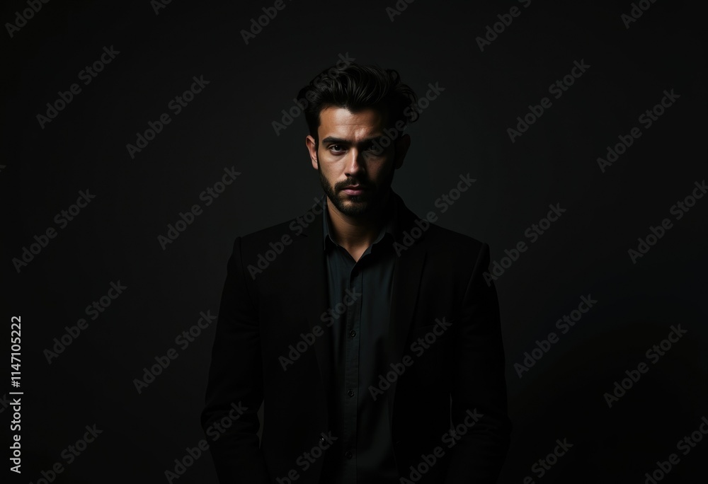 A man with dark hair and a beard, dressed in a black suit, stares intensely into the camera against a stark transparent background. A man with dark hair and a beard, dressed in a black suit, stares intensely into the camera against a stark transparent background.