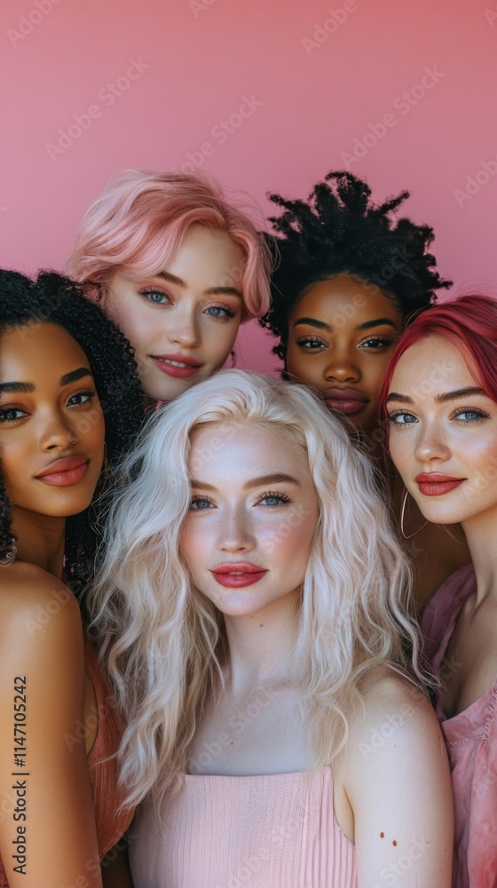 Obraz premium Five women with diverse hairstyles pose together against a pink backdrop, showcasing unity and beauty in a fun