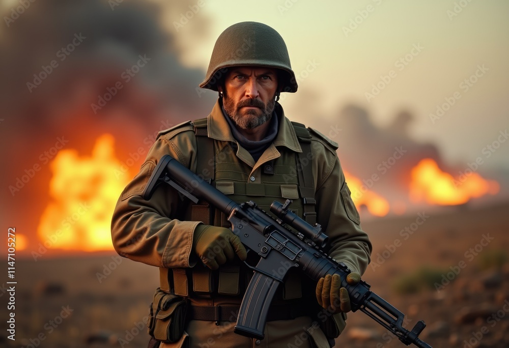 Naklejka premium A soldier, armed with a rifle, stands amidst a fiery battlefield, a stark image of war's harsh reality.