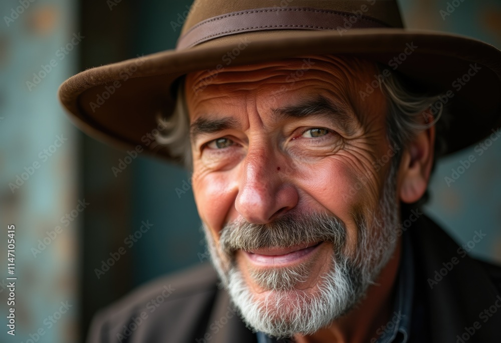 Close-up portrait of a smiling, mature man with a gray beard, wearing a brown hat. Close-up portrait of a smiling, mature man with a gray beard, wearing a brown hat.