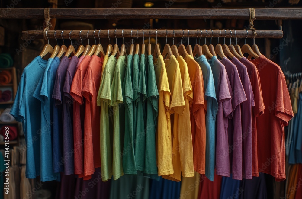 Collection of colorful t-shirts hanging on wooden rack in rustic market setting during sunny daytime Collection of colorful t-shirts hanging on wooden rack in rustic market setting during sunny daytime