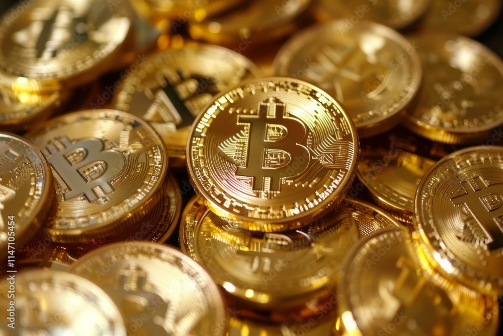 Closeup of many golden bitcoin cryptocurrency coins, suggesting the concept of a bull market and rising prices Closeup of many golden bitcoin cryptocurrency coins, suggesting the concept of a bull market and rising prices