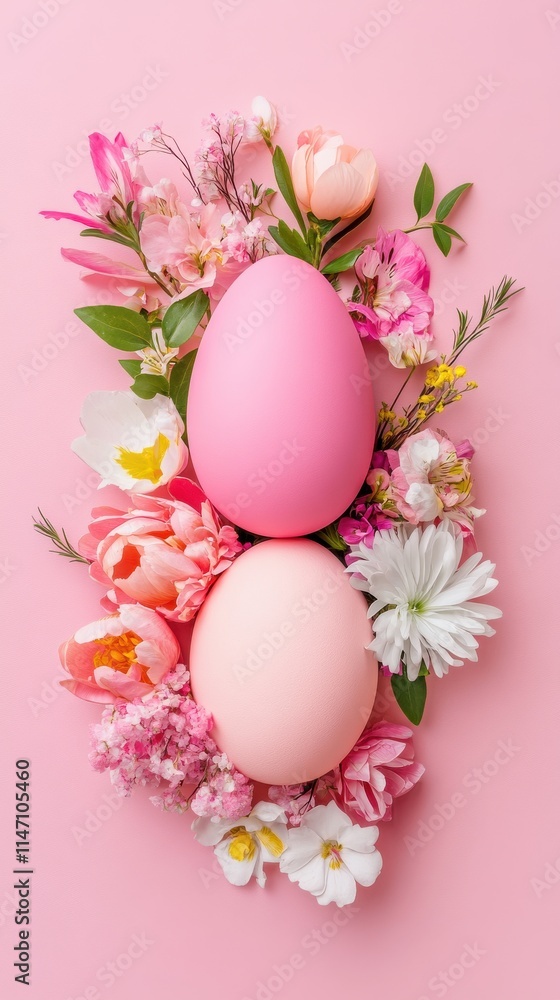 Decorated pastel Easter eggs surrounded by delicate pink cherry blossoms on a vibrant background. Decorated pastel Easter eggs surrounded by delicate pink cherry blossoms on a vibrant background.