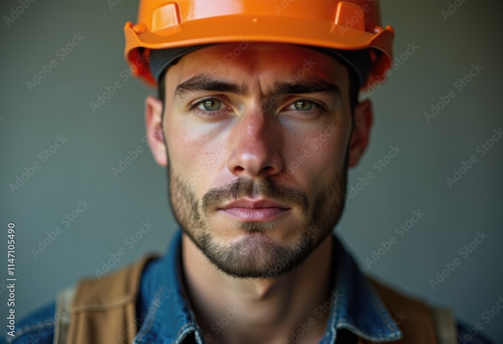 A close-up portrait of a man wearing an orange hard hat, conveying a serious and determined expression. A close-up portrait of a man wearing an orange hard hat, conveying a serious and determined expression.