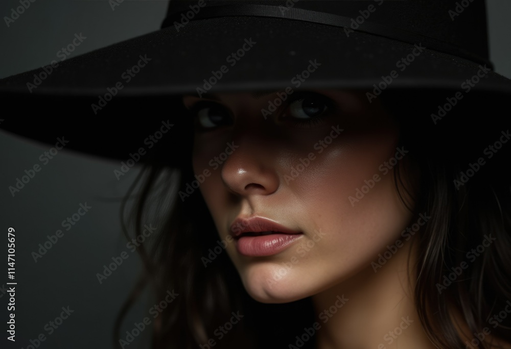 Mysterious woman with dark hair and a wide-brimmed black hat, partially obscuring her face. Mysterious woman with dark hair and a wide-brimmed black hat, partially obscuring her face.