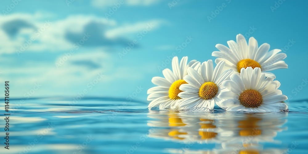 Daisies Floating Gently On Calm Blue Water Daisies Floating Gently On Calm Blue Water