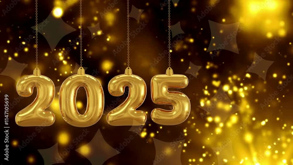 Happy New Year 2025 Golden Balloons on Golden Background with Bokeh Effect, Horizontal Video Quality 4K