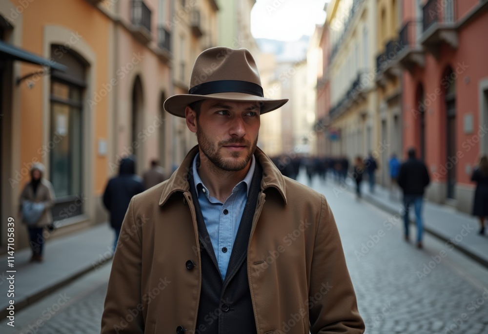 A stylish man in a brown hat and coat walks down a cobblestone street in a European city. A stylish man in a brown hat and coat walks down a cobblestone street in a European city.