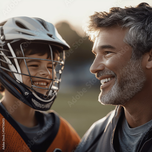 Lacrosse Love: A heartwarming image of a father and son sharing a genuine smile, captured in a moment of pure joy and connection on a sunny day.