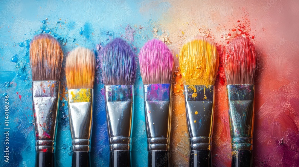 Fototapeta premium Colorful paintbrushes with splashes on a bright background