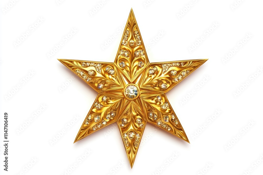 Fototapeta premium Golden Christmas star jewels sticker on white background.
