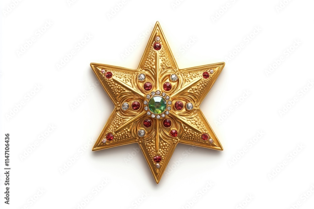 Fototapeta premium Golden Christmas star jewels sticker on white background.
