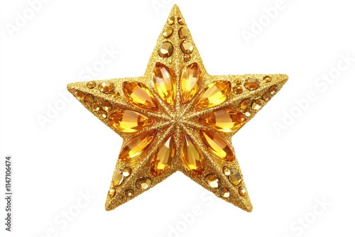 Golden Christmas star jewels sticker on white background. photo