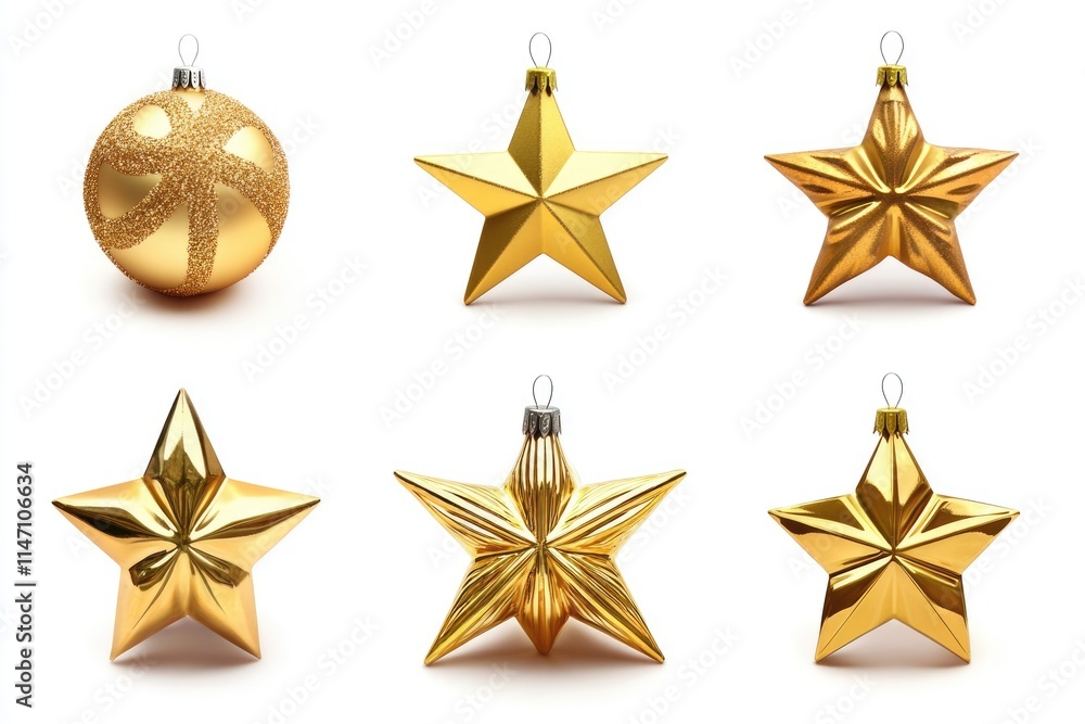 Golden Christmas star ornament bauble set isolated on white background Golden Christmas star ornament bauble set isolated on white background