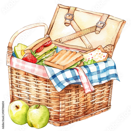 A watercolor of a picnic basket with sandwiches and fruit, isolated on a white background. Picnic basket sandwiches fruit vector.
