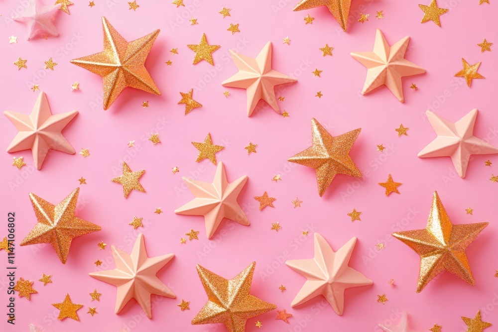 Obraz premium Modern festive background with golden shimmer stars on soft light pink background pattern.