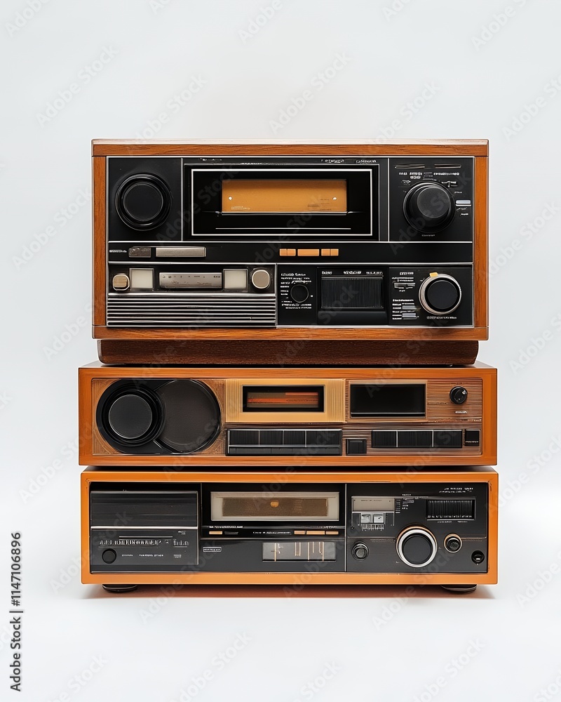 Obraz premium Vintage Stereo System Stack Wooden Cassette Player Recorder Radio