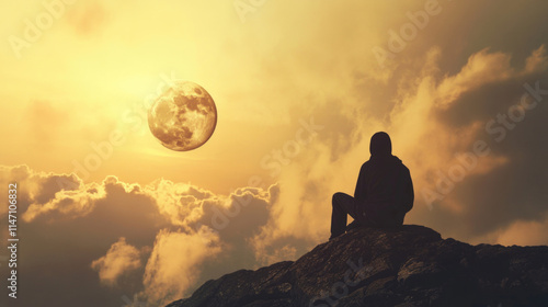 silhouette of person sitting on rock mountain watching sunset with full moon in dramatic sky
