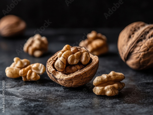 Walnuts displayed in a natural setting showing the texture and color variations at midday