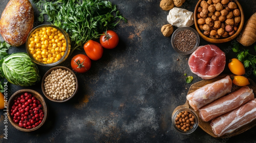 Assorted fresh vegetables with grains and nuts on dark background Assorted fresh vegetables with grains and nuts on dark background