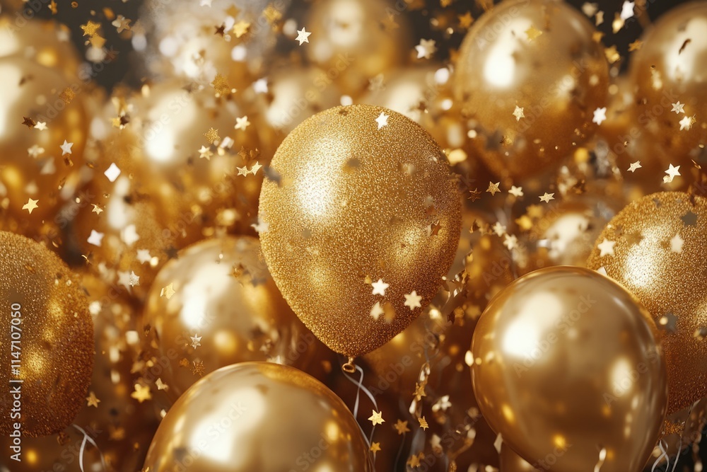 2024 golden inflatable balloons stars and ribbons confetti. Monochrome festive composition. 2024 golden inflatable balloons stars and ribbons confetti. Monochrome festive composition.