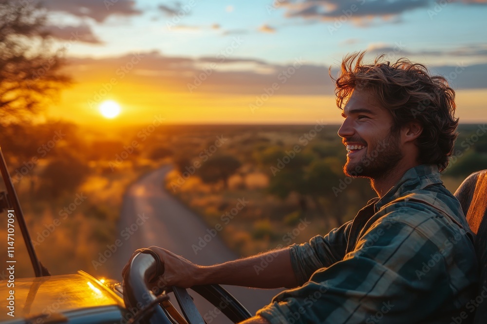 Fototapeta premium Happy man driving a vehicle on a scenic road during sunset in a rural landscape